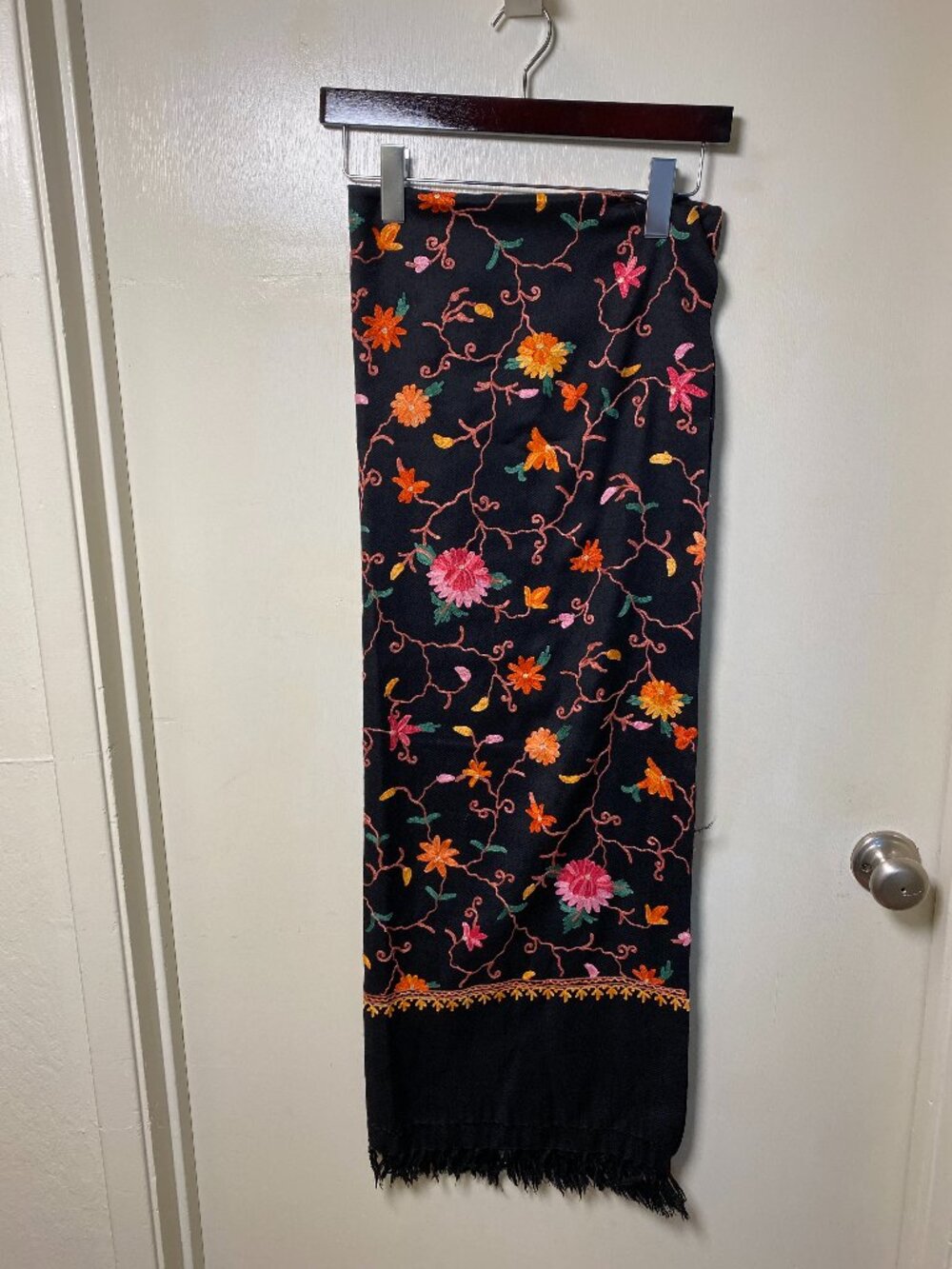 Black Floral Embroidered Fringe Wrap Shawl Scarf Boho Evening Accessory